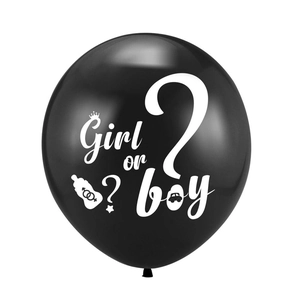 36-inch black gender reveal balloon with Girl or Boy print and cute party icons