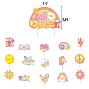 15pcs hippie groovy party cake toppers with retro rainbows and peace signs decorations