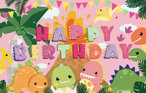 Sfondo festa compleanno dinosauro rosa con dinosauri cartoon colorati e vulcano