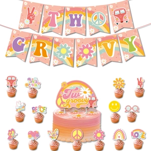 Hippie groovy themed second birthday party set with banners and cake toppers decoration