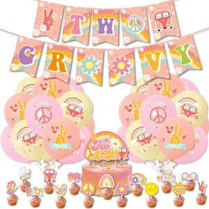 Two Groovy hippie party decorations set with banner, balloons and retro cake toppers