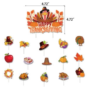Thanksgiving party cake toppers set featuring turkey pumpkin maple leaf and fruit basket