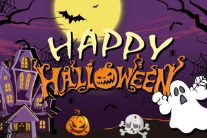 Halloween backdrop detail featuring Happy Halloween text with pumpkin and ghost motifs
