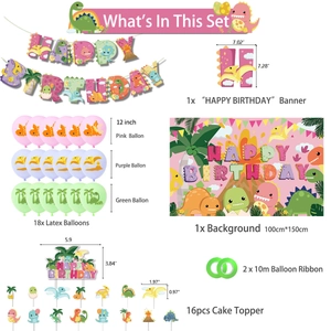 Set decorazioni compleanno dinosauro rosa con striscione, palloncini e cake topper