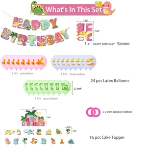 Set decorazioni compleanno dinosauro rosa con striscione palloncini e topper torta