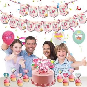 Pink and green Happy Mother's Day party set with banner, balloons and cake toppers