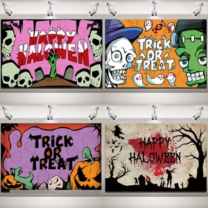 Set of four unique Halloween backdrops featuring pumpkins, skeletons, and spooky themes