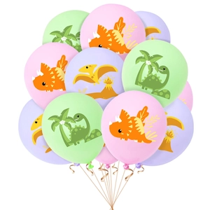 Pink and purple dinosaur balloons set with golden ribbons for children birthday parties