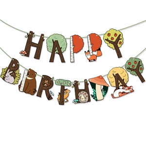Jungle animal Happy Birthday banner with forest creatures like foxes, bears and deer