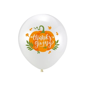 Thanksgiving white latex balloon with orange pumpkin and maple leaf festive print