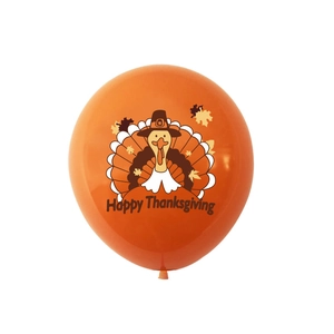 Orange Happy Thanksgiving balloon with cartoon turkey and autumn maple leaf prints
