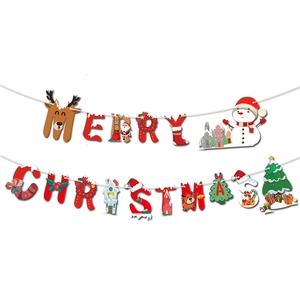 Classic red and green Merry Christmas paper banner with festive cartoon illustrations