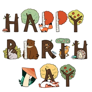 Detail of Happy Birthday letters with forest animals, foxes and bears for party decor