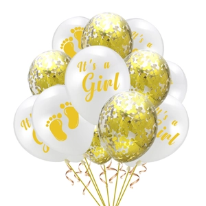 Detail of It's a Girl latex balloons with gold confetti and champagne ribbons
