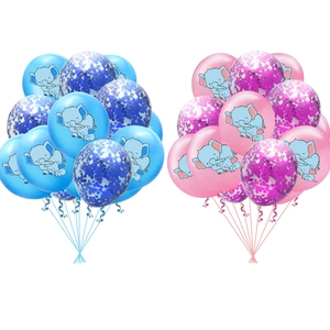 Blue and pink elephant party balloon set with confetti and ribbons for birthdays