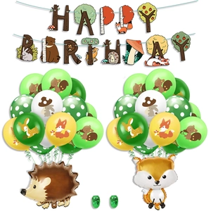 Forest animal party decorations with hedgehog and fox balloons for woodland birthdays