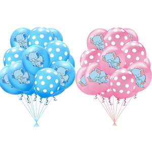 Elephant gender reveal party balloons with pink and blue cartoon elephant designs