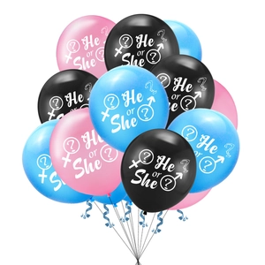 Cluster of pink, blue and black He or She gender reveal latex balloons with ribbons