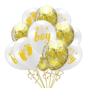 Detail of It's a Boy latex balloons and gold sequin confetti balloons with ribbons