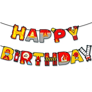 Firefighter themed Happy Birthday banner featuring fire trucks, hydrants and extinguishers