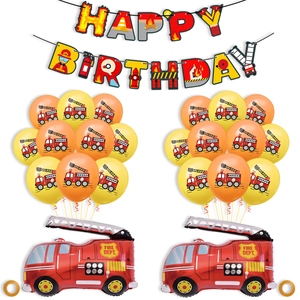 Firefighter birthday party set with banner, fire truck foil and latex balloons