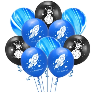 Space theme balloon set with astronaut and rocket prints in blue, black and marble