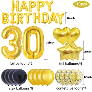 30th Birthday Balloon Set with Gold Happy Birthday Banner and Large Number 30 Foil Balloons