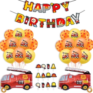 Firefighter theme birthday party decoration set with fire truck balloons and cake toppers