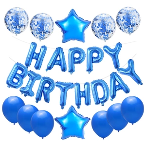 Blue Happy Birthday balloon set with foil letters, stars and blue confetti latex balloons