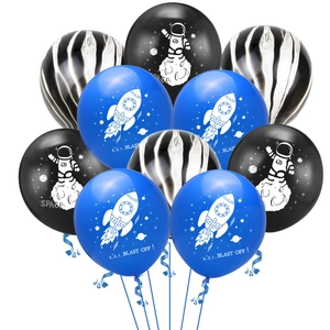 Space party balloons set featuring astronaut, rocket patterns and black agate marble latex