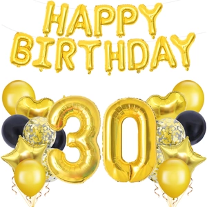 30th birthday party decoration set with gold letter balloons and black latex balloons