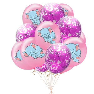 Close-up of pink elephant cartoon balloons and purple confetti balloons for party decor