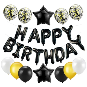 Black and gold Happy Birthday balloon set with star foils and confetti latex decorations