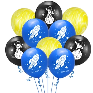 Close-up of 12-inch space theme balloons with astronaut, rocket prints and marble textures