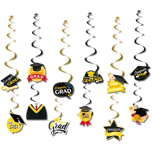 Detail of 2026 graduation party swirls with gold and black cap and diploma cutouts