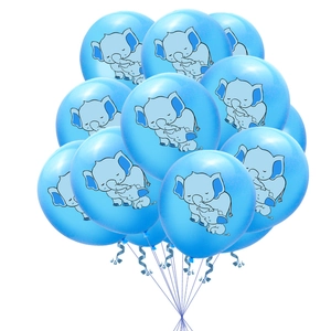 Detail of light blue latex balloons with cute elephant print and matching blue ribbons