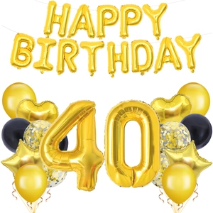 Golden 40th birthday balloon set with Happy Birthday banner and metallic foil stars