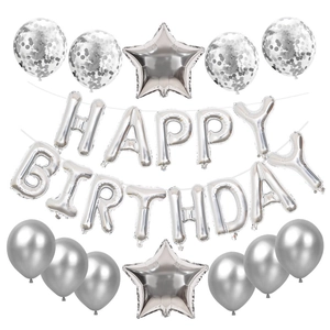 Silver Happy Birthday balloon set with star foils and confetti balloons for party decor