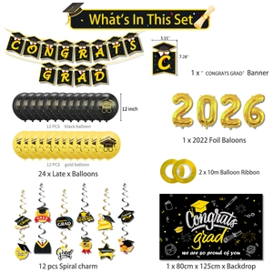 Detailed set of 2026 graduation party decorations with balloons and congrats grad banners