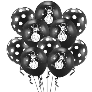 Detailed view of 12-inch black latex balloons with astronaut patterns and white polka dots