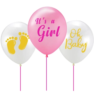 Detail view of baby shower balloons with It's a Girl and Oh Baby text and gold footprints