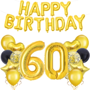 60th Birthday decoration set with gold number balloons and black gold latex party supplies