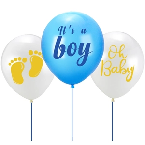 Close-up of blue and white It's a Boy and Oh Baby latex balloons with feet prints