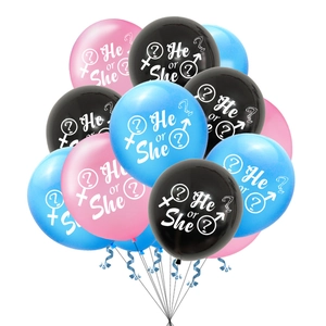 He or She gender reveal party balloon set in pink blue and black with ribbons