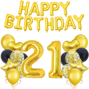 Detailed set of 21st birthday gold and black balloons including foil letters and star shapes