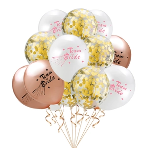 Team Bride rose gold balloon set with confetti and ribbons for bachelorette wedding party