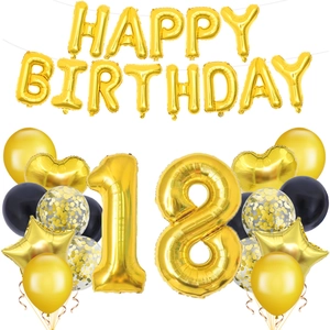 Detailed black and gold 18th birthday balloon set with shiny metallic foil letters