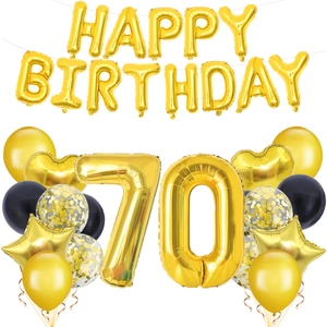Detailed set of 70th birthday balloons in gold and black with metallic star and heart foils