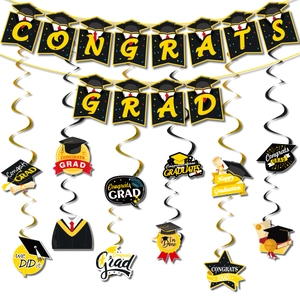 2026 Graduation party decorations set with Congrats Grad banner and spiral hanging swirls