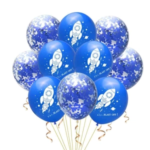 Space party balloon set with 12-inch rocket prints and blue sequin confetti balloons